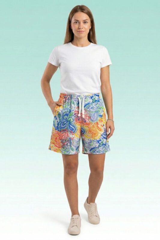 Vibrant paisley and mandala pattern women's hosiery cotton shorts with elastic waist.