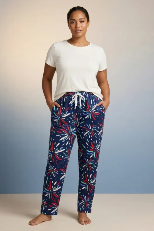 Full-body view of a model in versatile navy blue burst print women's pajamas with dynamic colorful shapes, drawstring with tassels, and hands in pockets.