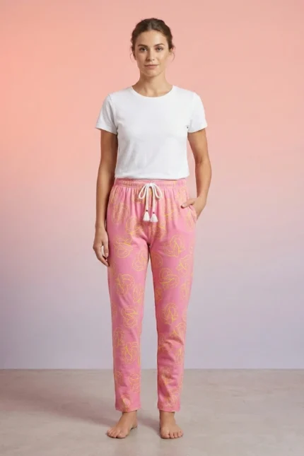 Full-body image of a model wearing sweet pink pretzel print women's pajamas with yellow pretzels, white drawstring with tassels, and bare feet.