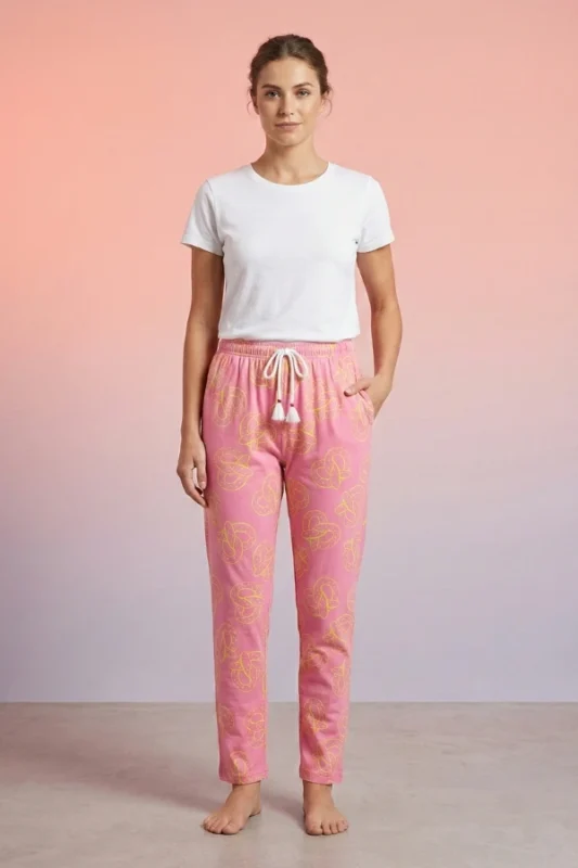 Full-body image of a model wearing sweet pink pretzel print women's pajamas with yellow pretzels, white drawstring with tassels, and bare feet.