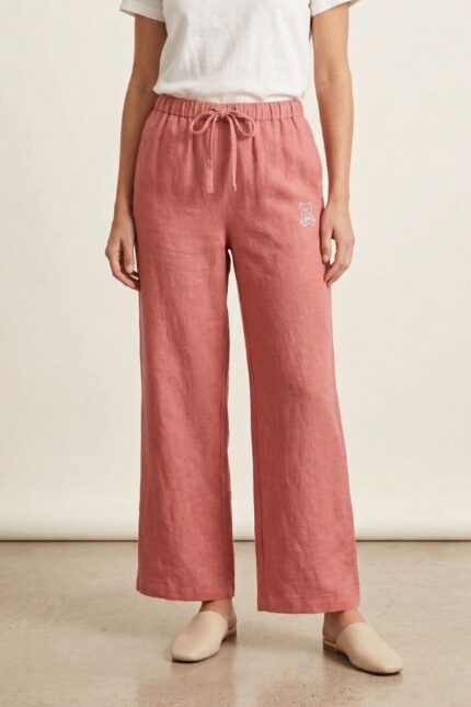 A full-length photo of a woman wearing Rose-colored wide-leg linen pajama pants with an elastic waist and drawstring, standing and wearing beige slides.