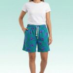 Fun teal-colored shorts with open-mouth shark pattern and adjustable drawstring waistband.
