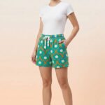 Women's teal hosiery cotton shorts with baseball and bat print showing side pocket detail.