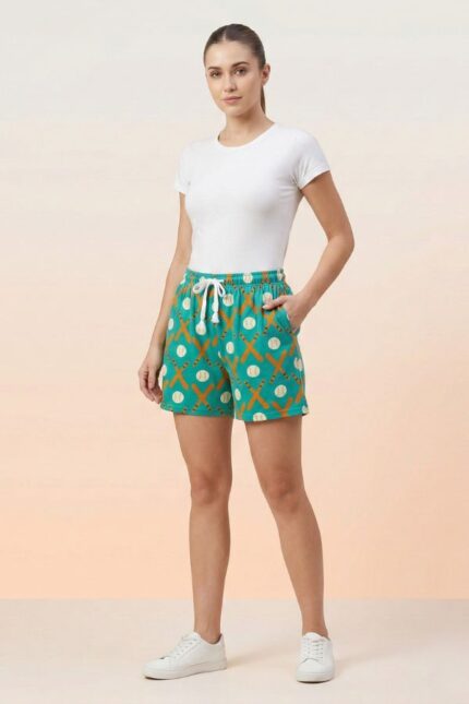 Women's teal hosiery cotton shorts with baseball and bat print showing side pocket detail.