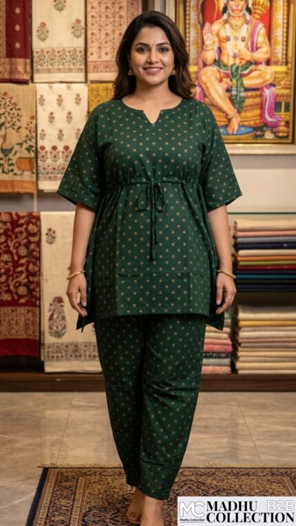 Madhu Collection Forest Green Cotton Kaftan Set with Matching Pants – Free Size (Fits up to 2XL)