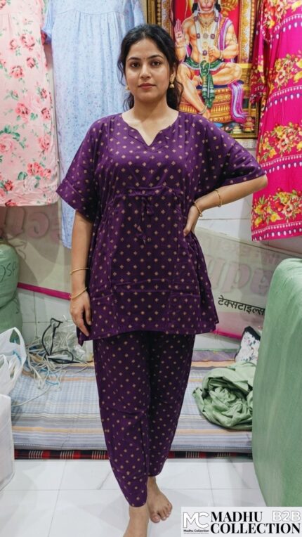Madhu Collection Navy Blue Cotton Kaftan Set with Pants | Drawstring Waist | Free Size (Up to 2XL)