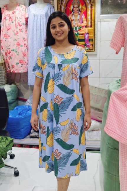 Tropical Blue Banana Leaf Print Women's Relax Fit Polyester Knee-Length Maxi Dress