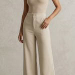 Woman standing barefoot on a concrete plinth modeling sand beige relaxed fit cotton trousers