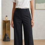 Woman modeling charcoal grey pinstripe relaxed fit cotton trousers with black leather loafers.