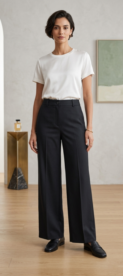 Woman modeling charcoal grey pinstripe relaxed fit cotton trousers with black leather loafers.