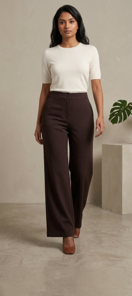 Woman standing modeling high-waisted espresso brown wide-leg relaxed fit imported cotton trousers
