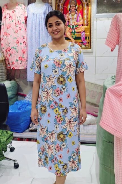 Serene Blue Floral Lily Print Women's Relax Fit Polyester Knee-Length Maxi Dress