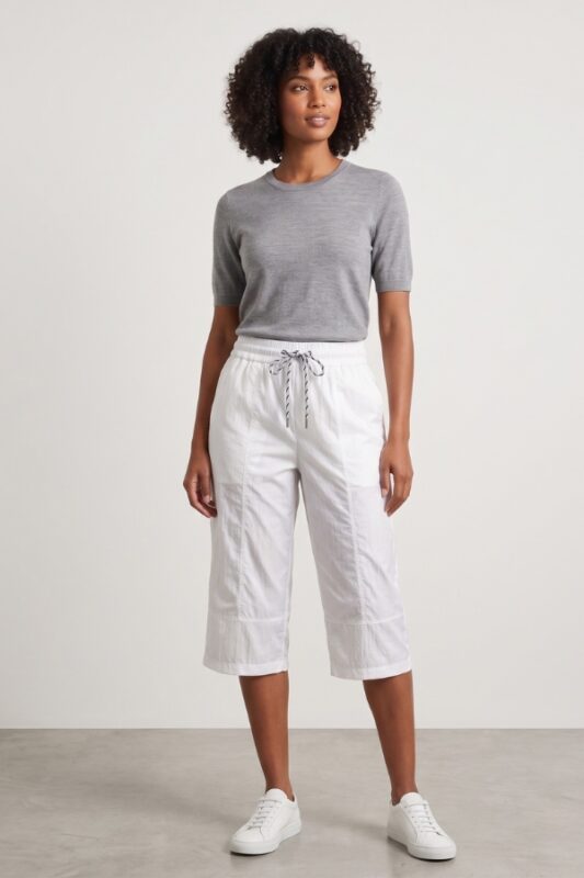 Female model wearing a classic white cotton capri pants with a grey short-sleeve sweater.