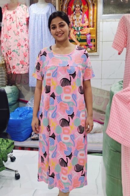 Stylish Pink Geometric Abstract Print Women's Relax Fit Knee-Length Maxi Dress
