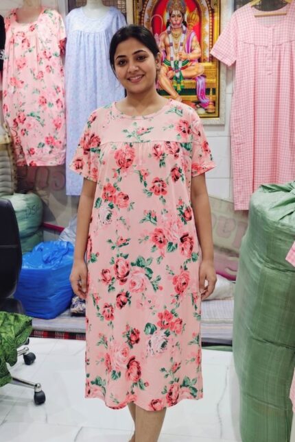 Romantic Pink Rose Floral Print Women's Relax Fit Polyester Knee-Length Maxi Dress