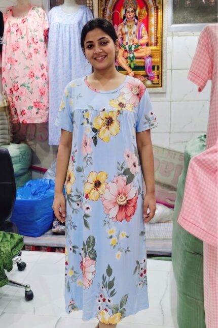 Radiant Light Blue Large Floral Print Women's Relax Fit Polyester Knee-Length Maxi Dress