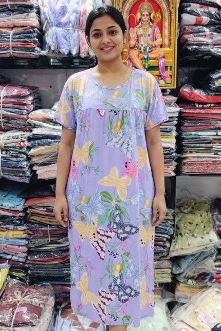 Playful Purple Butterfly and Leaf Print Women's Relax Fit Polyester Knee-Length Maxi Dress