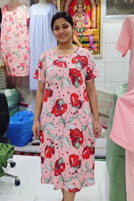 Bold Pink Large Flower Print Women's Relax Fit Polyester Knee-Length Maxi Dress