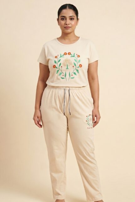 Woman wearing a beige imported cotton pajama set featuring a botanical wreath graphic and the text Find Calm.