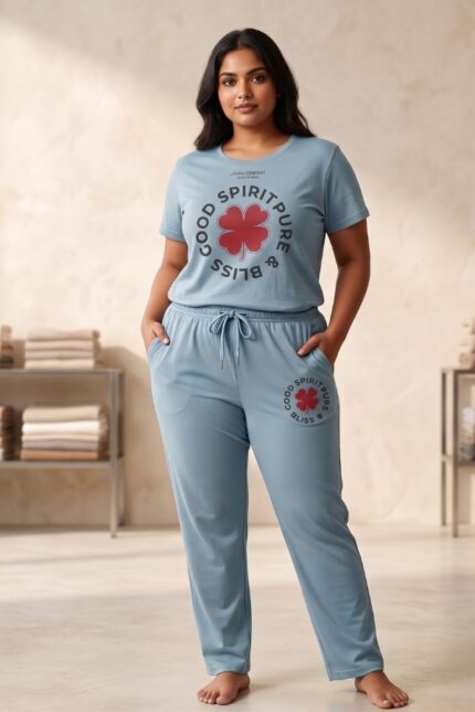 Woman posing in a light blue relaxed fit cotton pajama set featuring a red four-leaf clover and the text Good Spirit Pure & Bliss.