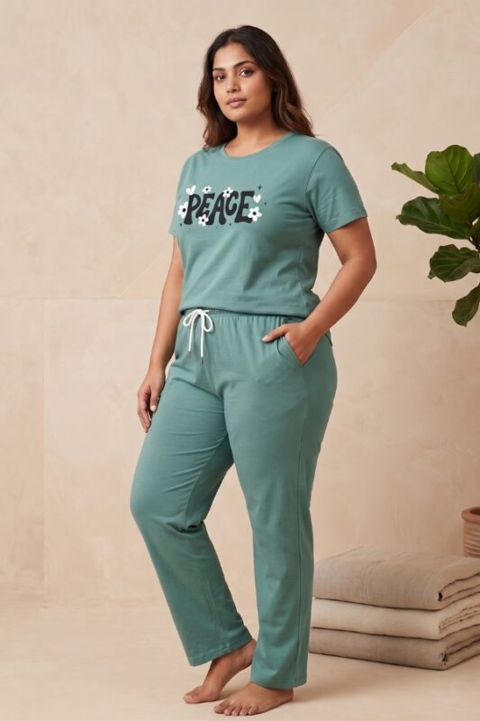 Woman wearing a sage green relaxed fit cotton pajama set with the word Peace and daisy graphics printed on the shirt.