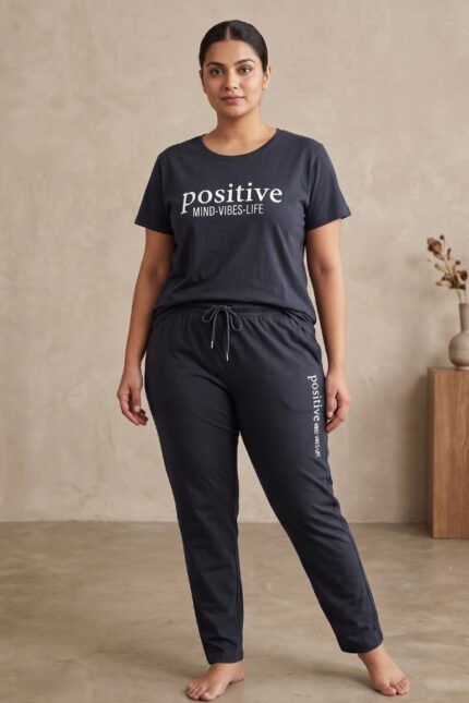 Plus size woman wearing a navy blue relaxed fit cotton pajama set with the words positive mind vibes life printed on the t-shirt.