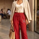 Woman modeling relaxed fit red linen pajama pants with drawstring and bear embroidery.