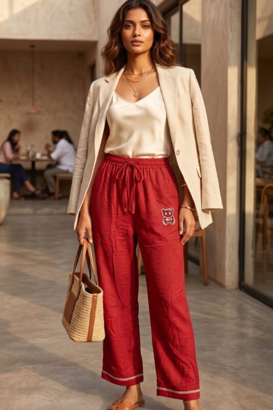 Woman modeling relaxed fit red linen pajama pants with drawstring and bear embroidery.