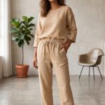 Woman wearing comfortable sand beige linen pajama pants and matching top in a modern room.