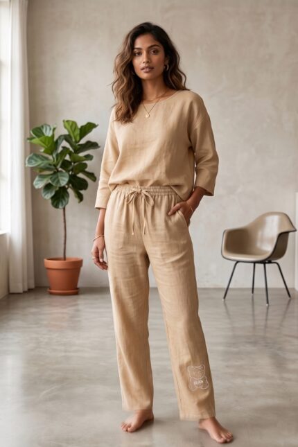 Woman wearing comfortable sand beige linen pajama pants and matching top in a modern room.