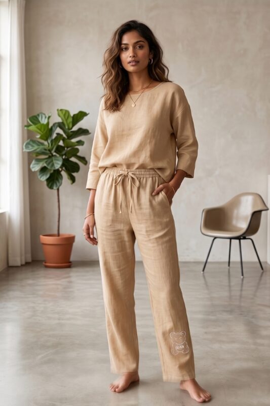 Woman wearing comfortable sand beige linen pajama pants and matching top in a modern room.