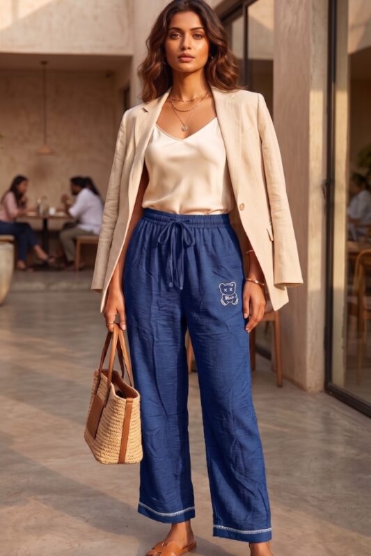 Model posing in royal blue relaxed fit linen pajama pants with a light blazer and handbag.
