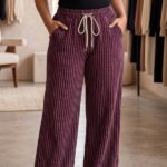 Wine plum burgundy vertical stripe wide leg pajama for women free size