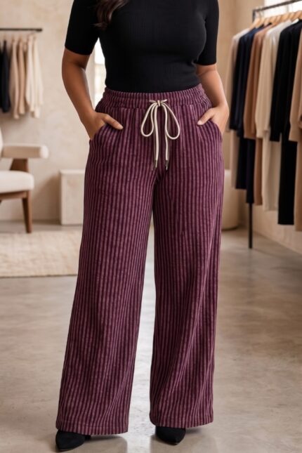 Wine plum burgundy vertical stripe wide leg pajama for women free size