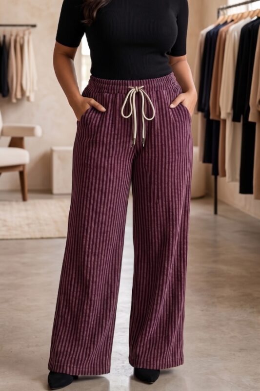Wine plum burgundy vertical stripe wide leg pajama for women free size