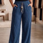 Indigo blue vertical stripe wide leg pajama for women cotton blend lounge wear