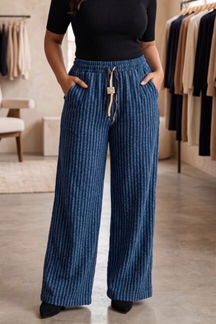 Indigo blue vertical stripe wide leg pajama for women cotton blend lounge wear