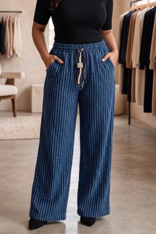 Indigo blue vertical stripe wide leg pajama for women cotton blend lounge wear