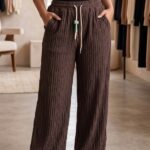 Chocolate brown textured wide leg pajama for women free size cotton blend