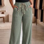 Sage green vertical stripe wide leg cotton blend pajama for women