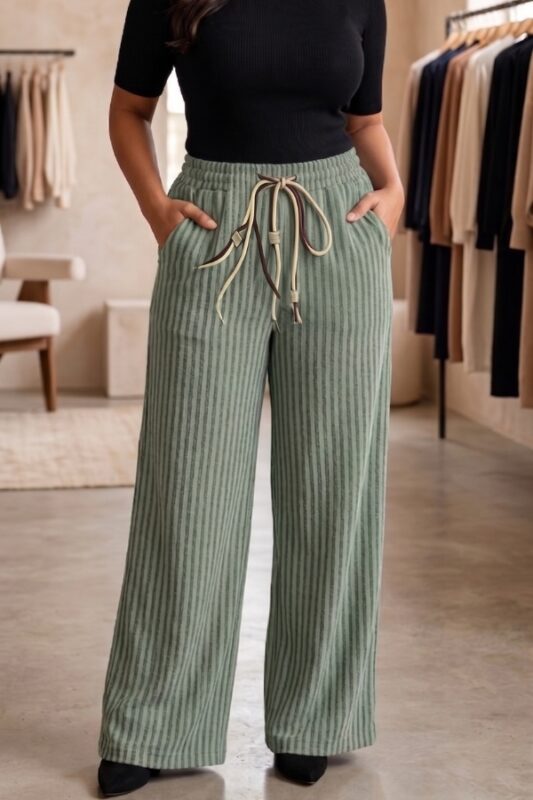 Sage green vertical stripe wide leg cotton blend pajama for women