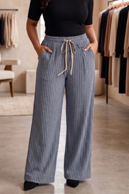 Light grey vertical stripe wide leg pajama for women free size cotton blend