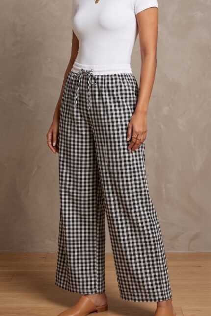 Women's Black and White Gingham Check Wide Leg Cotton Blend Pajama Free Size upto XXL