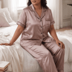 Woman sitting on bed wearing champagne beige satin co-ord night suit set