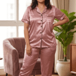 Woman wearing dusty rose pink satin co-ord night suit set for women
