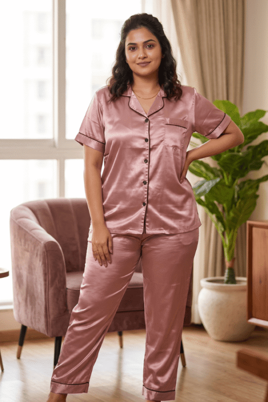 Woman wearing dusty rose pink satin co-ord night suit set for women
