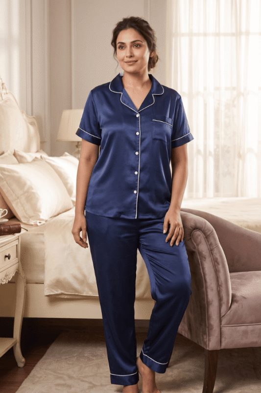Woman in navy blue satin co-ord set with white piping premium nightwear