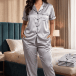 Woman in platinum silver satin co-ord set with black piping loungewear
