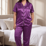 Woman wearing royal purple satin co-ord night suit set with white piping