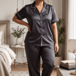 Woman wearing black satin co-ord night suit set with white piping from Madhu Collection